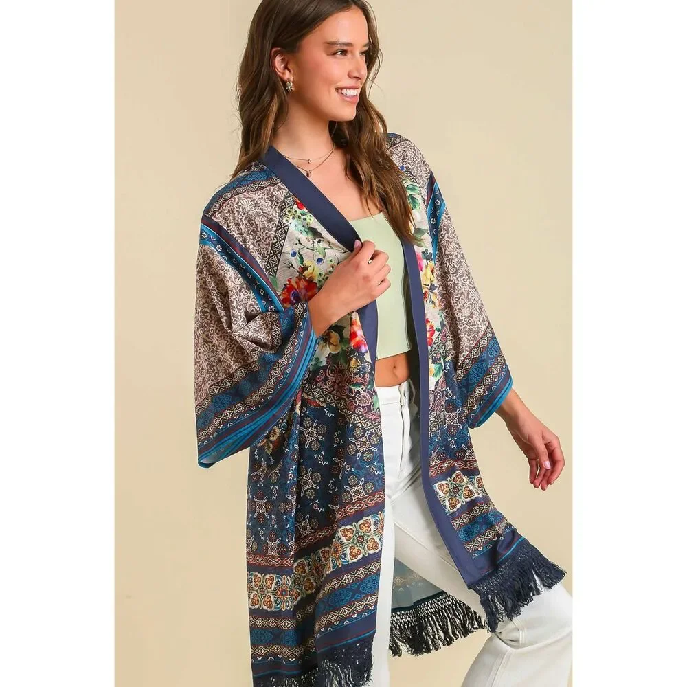Umgee Full Size Fringe Hem Open Front Printed Kimono Sleeve Cover-Up Plus Size - Picture 2 of 3